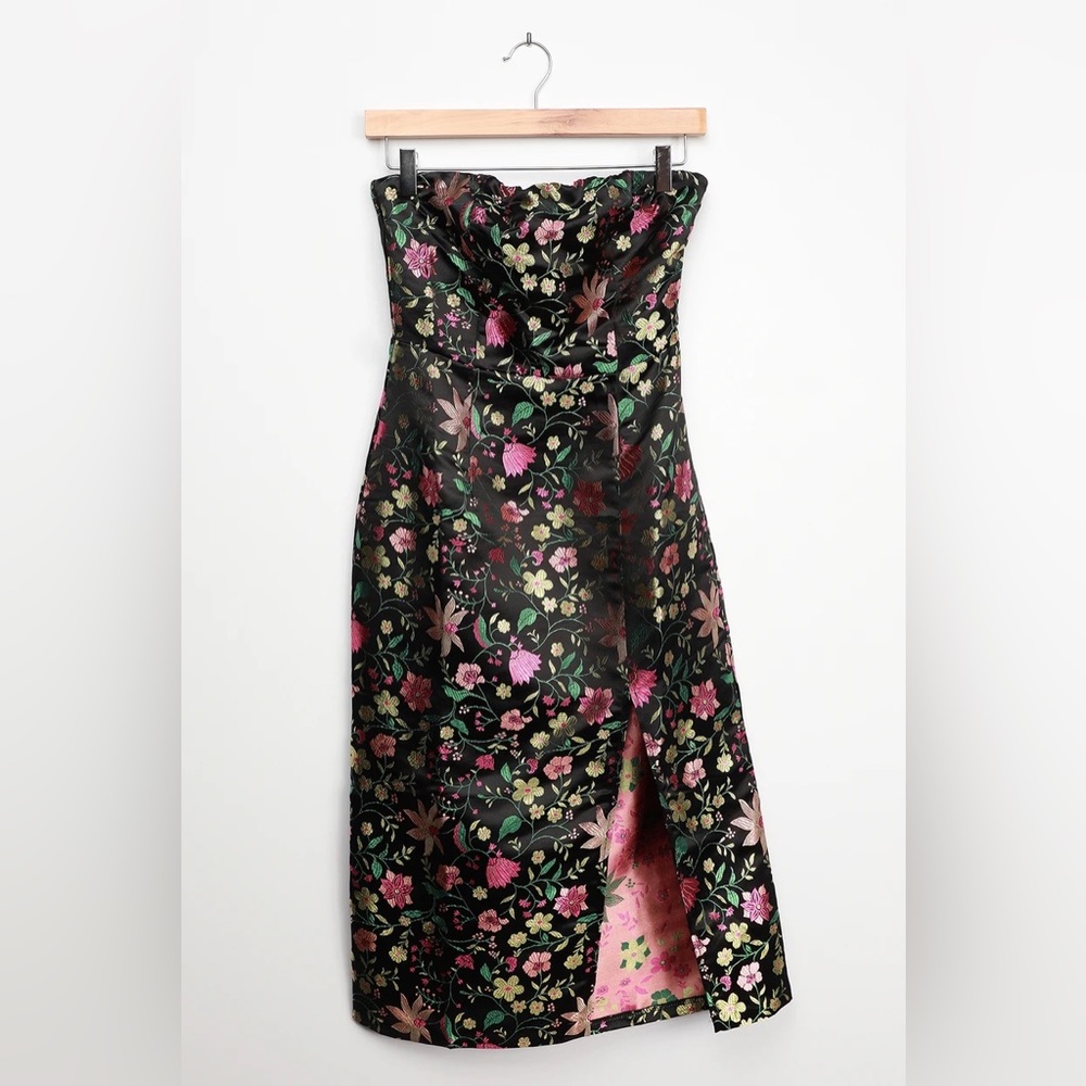 Lulus Make a Move Black Satin Floral Jacquard Strapless Midi Dress
